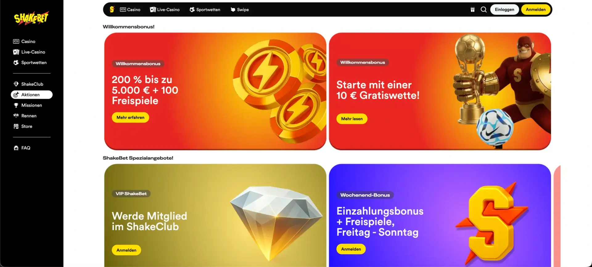 Aktionsangebote und Willkommensboni bei Shakebet