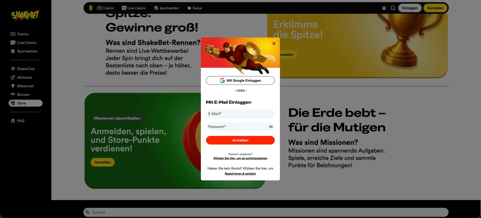 Shakebet Anmeldung mit E-Mail oder Google