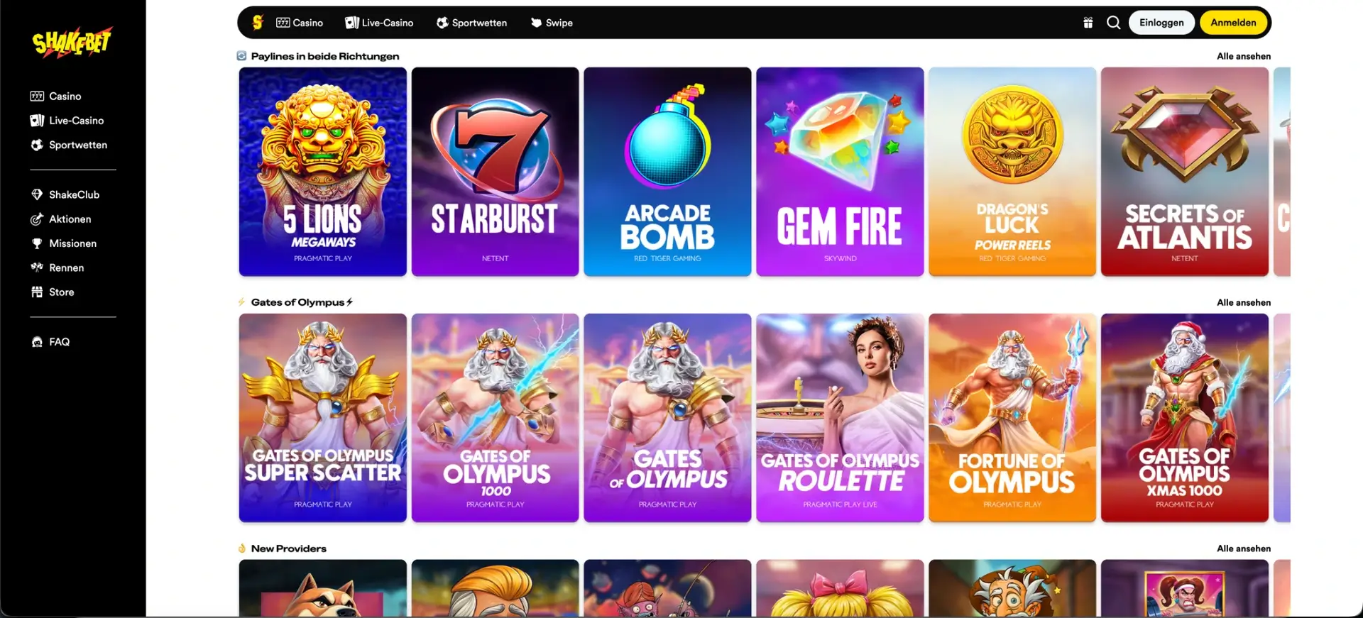 Shakebet Slots und Casino-Kategorien