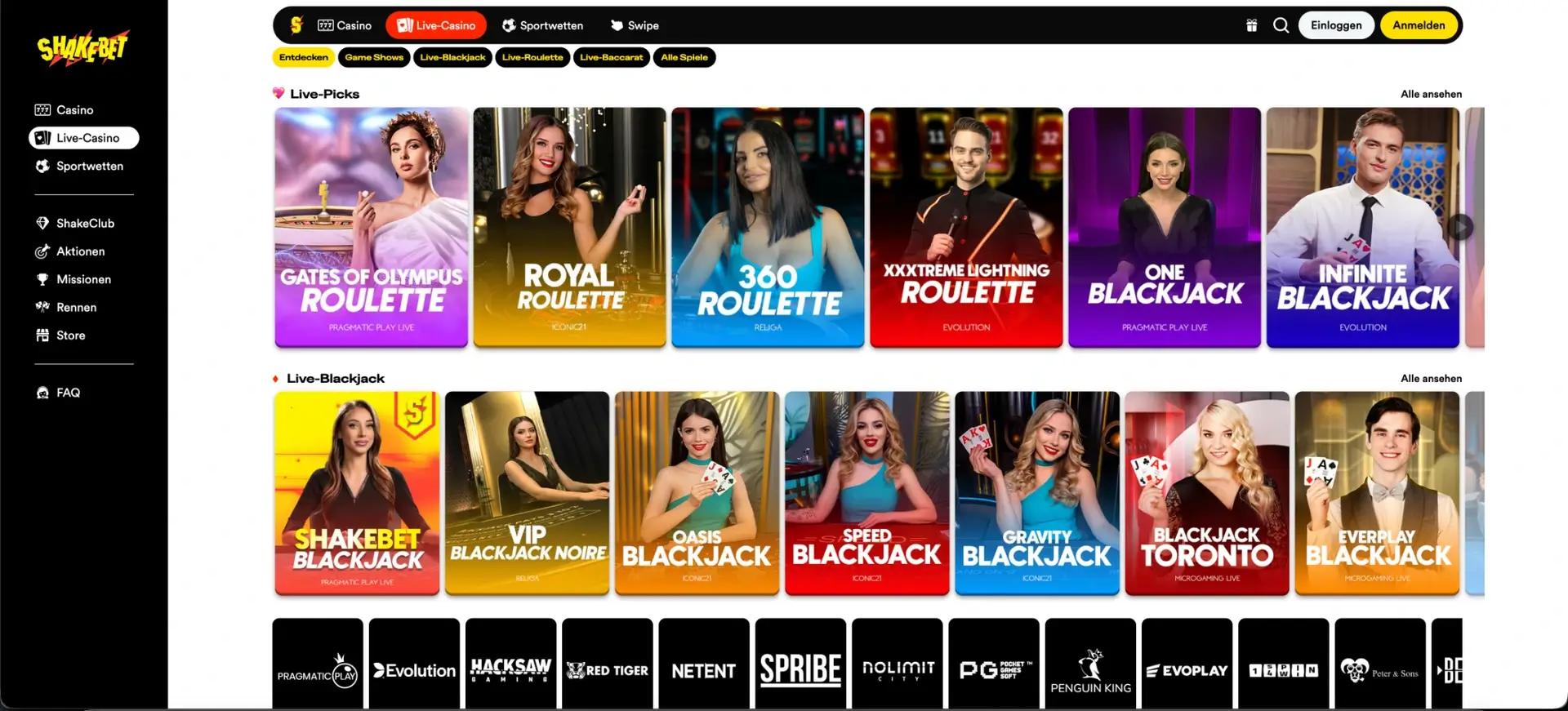 Live-Casino mit Roulette und Blackjack bei Shakebet