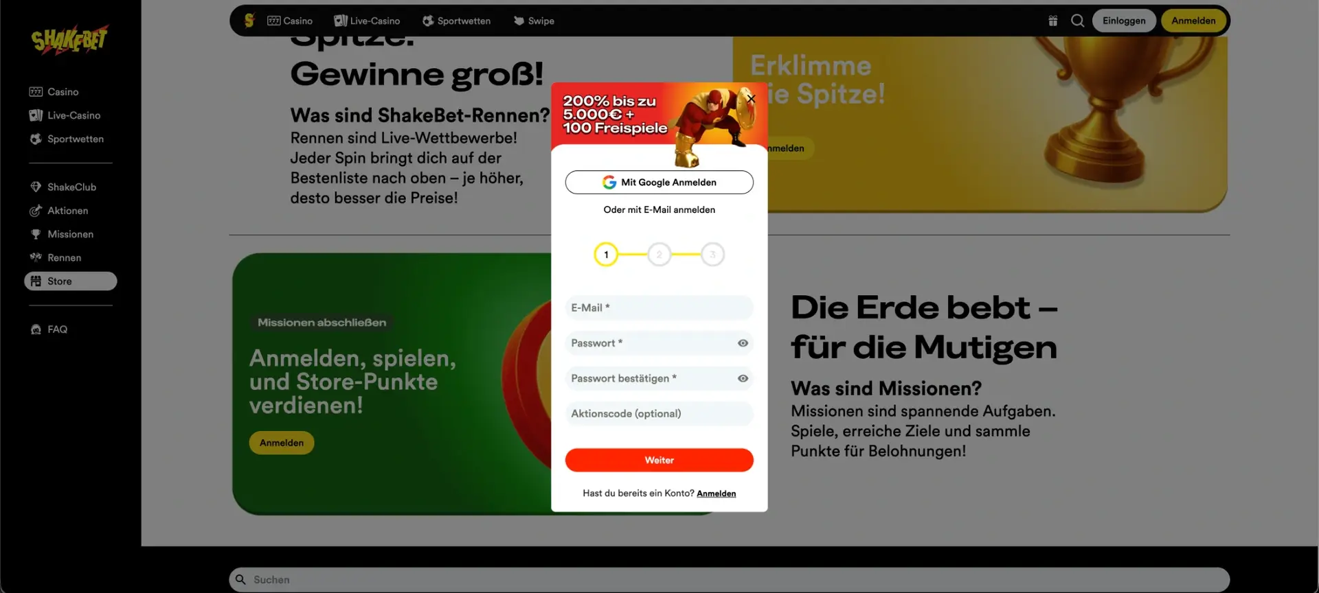 Registrierungsformular von Shakebet