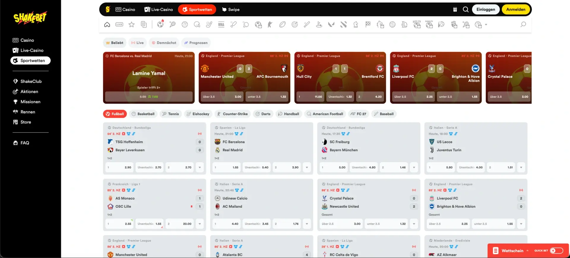 Shakebet Sportwetten und Live-Märkte